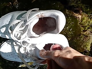 Twink jerks off his cock&comma; squirts cum in dirty smelly shoes&comma; into white sneakers&comma; Nike Air Force One AF1&comma; it's a porn video for gay feet foot fetish lovers