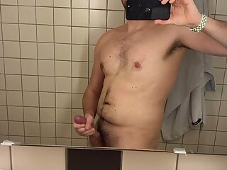 Handsome hairy guy mirror jerk off
