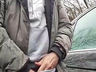 Verbal uncut dad with a goatee jerks off outside his car.