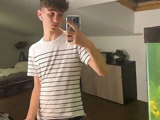 Horny cute twink wanking his big cock in his room