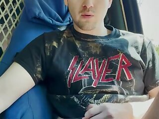 Sexy guy jerking in van cum Anguish Gush
