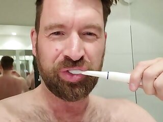 Handsome Hairy Dad Brushing His Teeth Nude and Getting Hard, Uncut