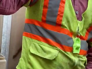 Hot bearded worker masturbating in a portable toilet