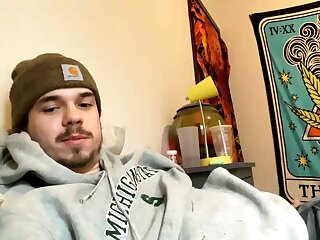 He was jerking off his uncut cock for a long time and shoots a big cum load all over his room