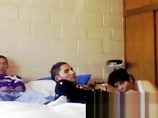 Latin cumdump slut spit roasted by two DL tops