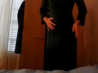 Sexy crossdresser stealing roommate prom dress