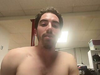 He jerks off his cock for awhile until shooting huge cum loads all over the floor